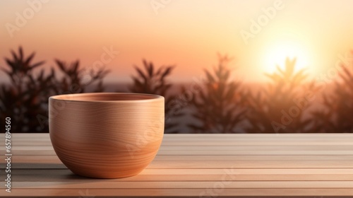 Wooden Table Mockup Featuring a White Pot with Sunrays Shining Upon It in a Landscape-Focused, Dark Beige Setting