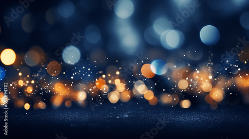 Christmas and New Year banner with a blue defocused background and bokeh effect lights, Christmas sparkles, Generative AI