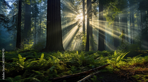 Old - growth forest, towering redwood trees, shafts of sunlight filtering through the canopy, dew - laden ferns below, wildlife subtly present, misty morning ambiance