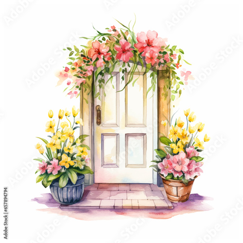 Door surrounded by flowers and vase in front of it watercolor paint