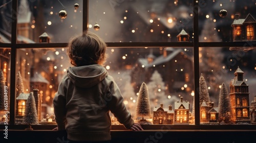 Youngster Looking at Christmas Decorations in Windows