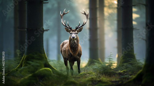 Coniferous forest, foggy morning, stag in the clearing, mystical ambiance