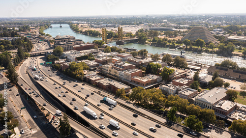 Afternoon aerial view of the historic city center and Tower Bridge of Old Sacramento, California, USA.