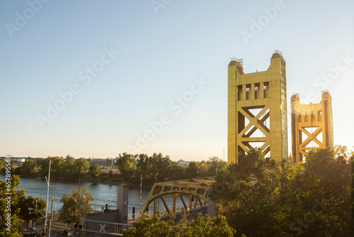 Sunset view of the historic 1935 Tower Bridge in downtown Old Sacramento, California, USA.