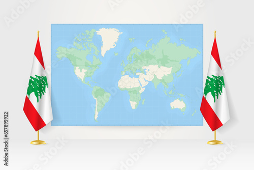 World Map between two hanging flags of Lebanon flag stand.