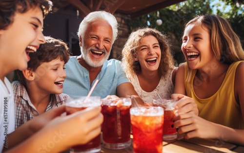 Happy multi generational family having party on a patio in summer day. Generative AI