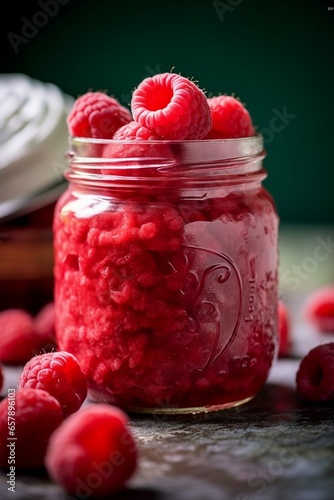 raspberry jam in glass jar