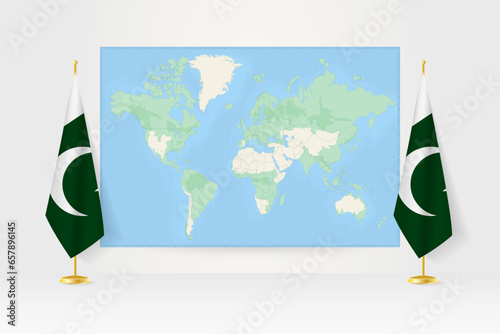 World Map between two hanging flags of Pakistan flag stand.