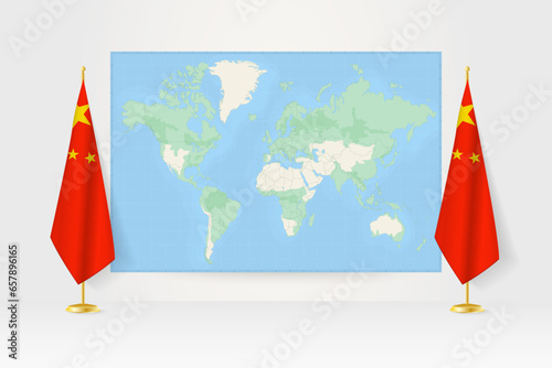 World Map between two hanging flags of China flag stand.