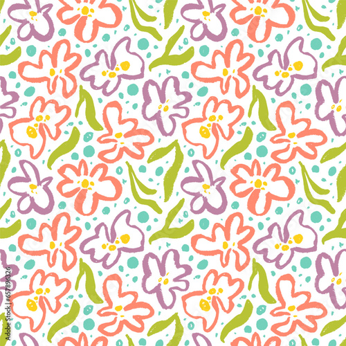 Colorful abstract flowers seamless pattern. Brush drawn silhouettes of spring chamomile or peony flowers.