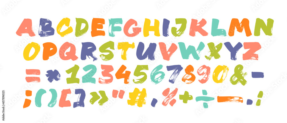 Childish alphabet with brush drawn colorful letters and numbers vector illustration.