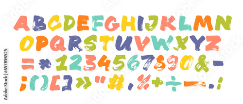 Childish alphabet with brush drawn colorful letters and numbers vector illustration.