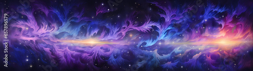 Cosmic void, the ever-shifting ultra-wide background unfolds as a mesmerizing and graphic kaleidoscope of colors and intricate patterns, where enigmatic phenomena manifest in a captivating dance