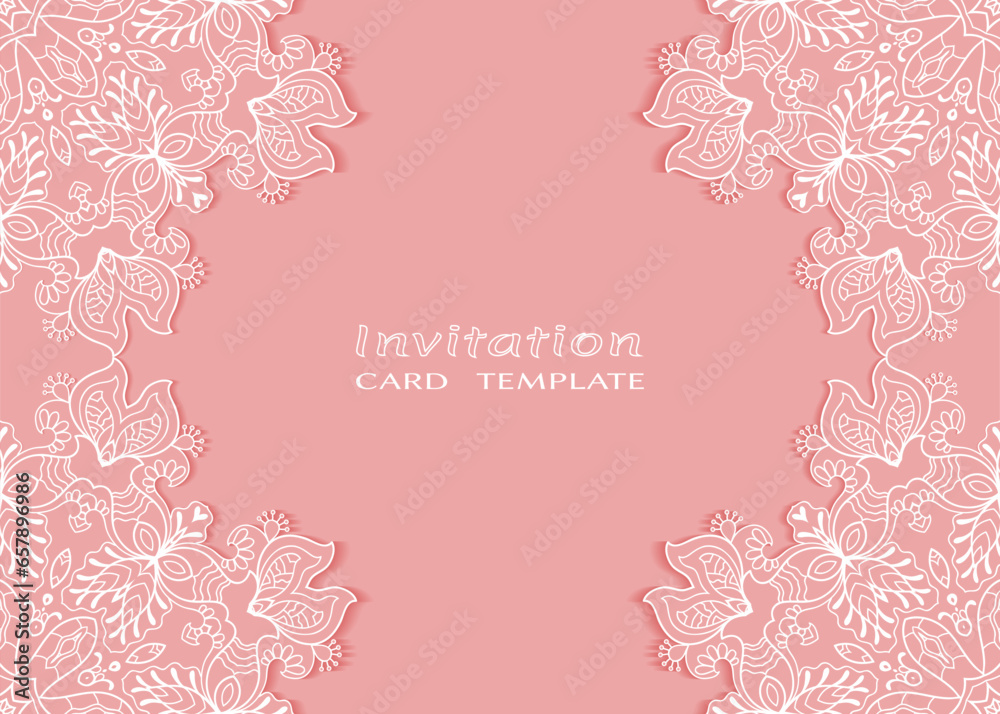 Invitation or Card template with lacе frame border, doodle line pattern, mandala element. Decorative openwork filigree art background for Wedding, Valentine's day greeting card, Birthday Invitation Invitation or Card template with lacе frame border, doodle line pattern, mandala element. Decorative openwork filigree art background for Wedding, Valentine's day greeting card, Birthday Invitation