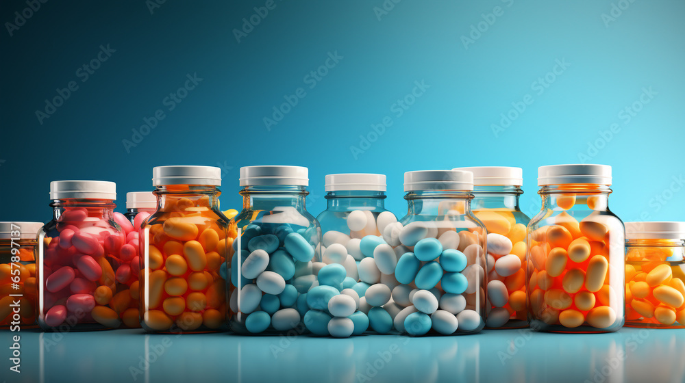 3D realistic jar, round pills and medicine in capsules isolated on solid color background. Concept of pharmacy drugs. 3D realistic jar, round pills and medicine in capsules isolated on solid color background. Concept of pharmacy drugs.