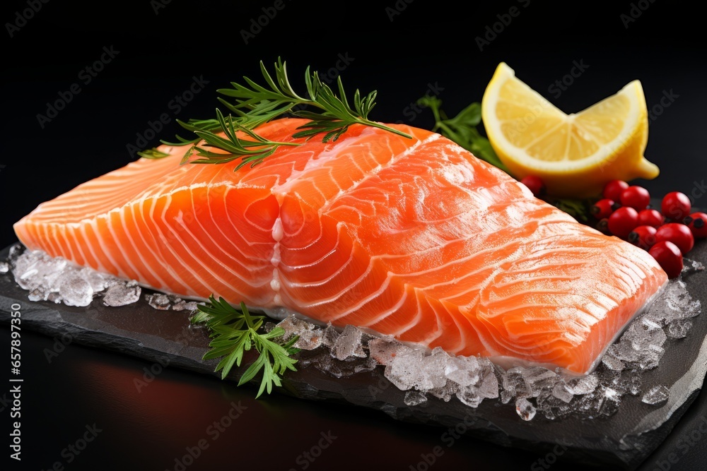 Appetizing salmon on a dark background with selective focus Appetizing salmon on a dark background with selective focus