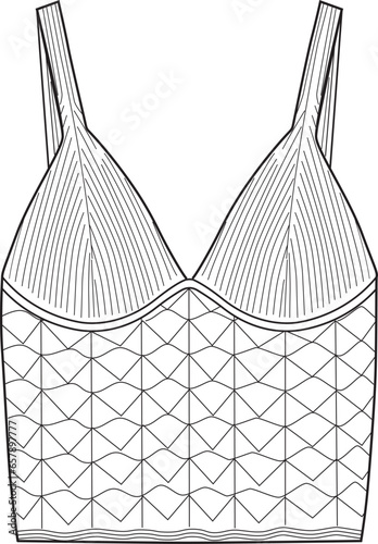 Women's V-Neck Crochet Vest Knit Tops. Technical fashion top illustration. Flat apparel top template front, white color. Women's CAD mock-up.