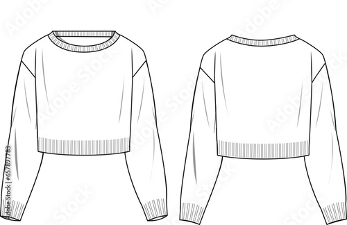 Women's Crop Jumper- Technical fashion illustration. Front and back, white color. Women's CAD mock-up.