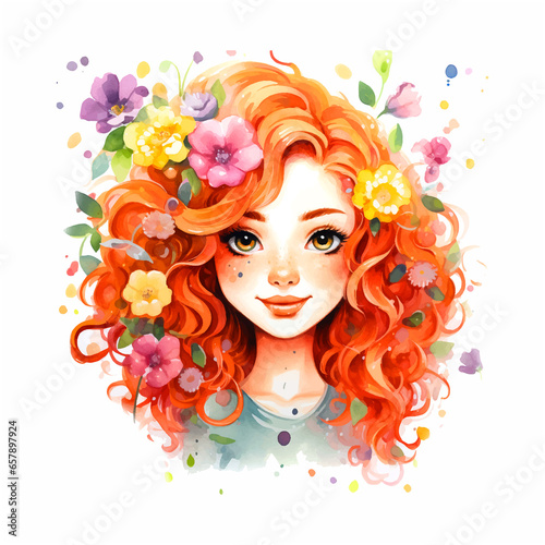 Girl with red hair with flowers watercolor paint