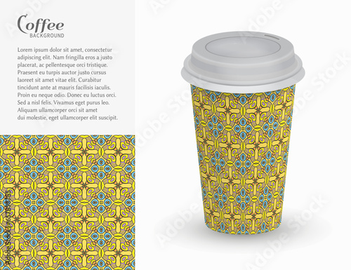 Cardboard paper cup of coffee with ornament and seamless geometric pattern. Take away coffee packaging template, isolated design elements for coffee shop, restaurant menu. Realistic vector cup