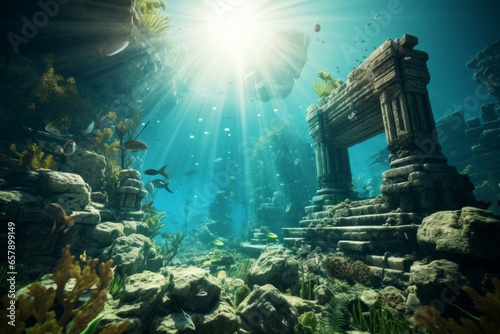 Legendary Atlantis. The sunken continent of an ancient highly developed civilization. Underwater historical discoveries