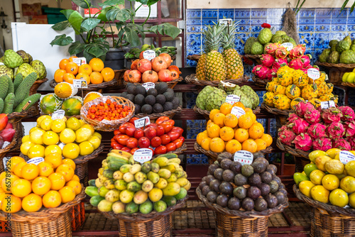 Fresh exotic fruits on famous market in Funchal Mercado dos Lavradores Madeira island, Portugal photo