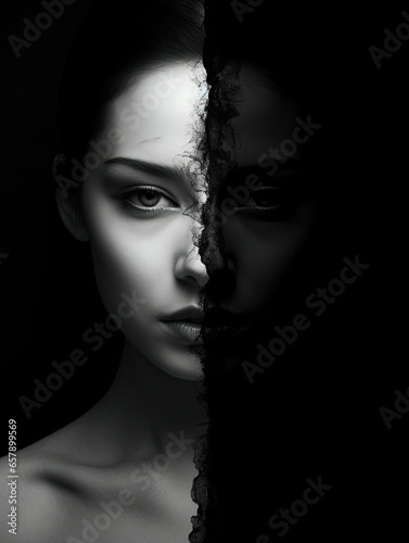 black and white portrait of a woman, duality of light and darkness - by generative ai
