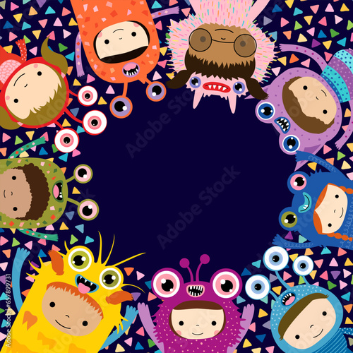 Cute vector Halloween or birthday party background with copy space, children dressed in funny monster costumes for template design, invitations, posters