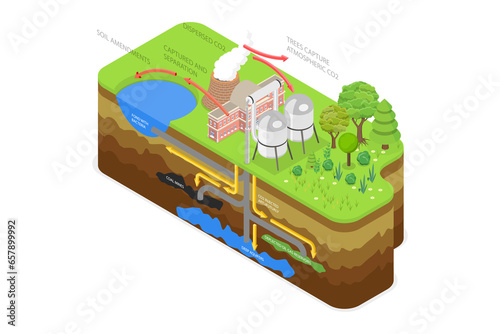 3D Isometric Flat  Conceptual Illustration of Carbon Sequestration, Greenhouse Gas Pollution Control