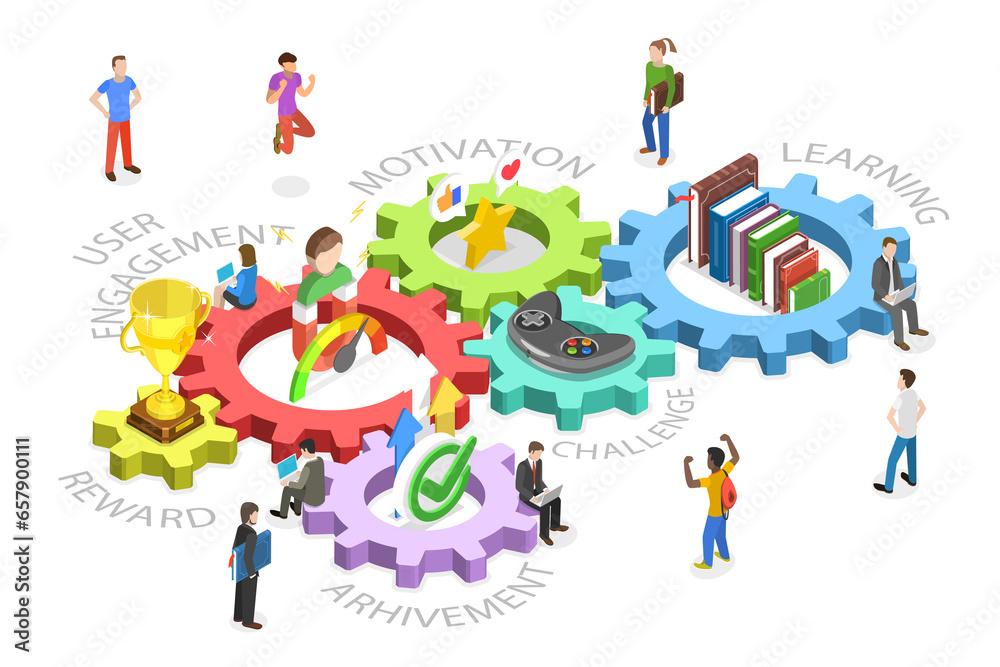 3D Isometric Flat  Conceptual Illustration of Gamification, Business or Marketing Strategy Using Game Challenge