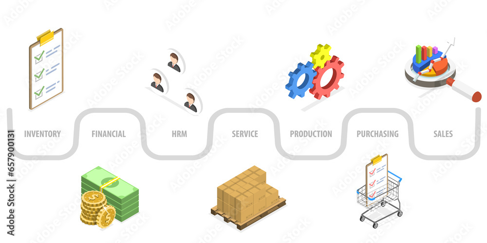 3D Isometric Flat  Conceptual Illustration of ERP, Enterprise Resource Planning Structure and Workflow