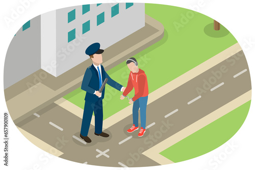 Photography 3D Isometric Flat  Conceptual Illustration of Teen Criminal, a Policeman Arreste