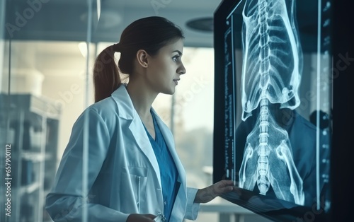 A vertebrologist doctor looks at an X-ray in a hospital office. Generative AI photo