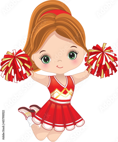 Vector Cute Cheerleader with Pom Poms Jumping 