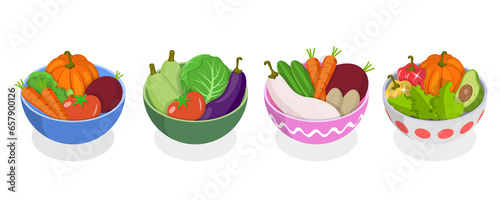 Fototapeta Naklejka Na Ścianę i Meble -  3D Isometric Flat  Icon of Vegetable Bowls Set, Fresh and Healthy Food
