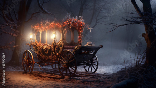 Fotografia Fairy-tale forged carriage in the winter forest. Generation AI