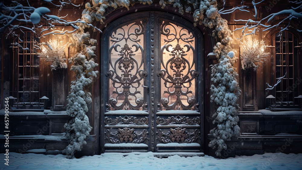 Forged iron gates, winter landscape. Generation AI