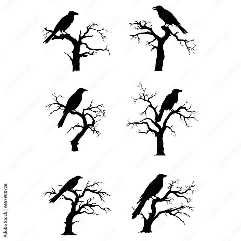 Fototapeta premium Raven Dead Tree Featured in Spooky Halloween Night Vector Design Set: Includes Silhouette of a Raven Bird at Bare Tree Branches Entrance