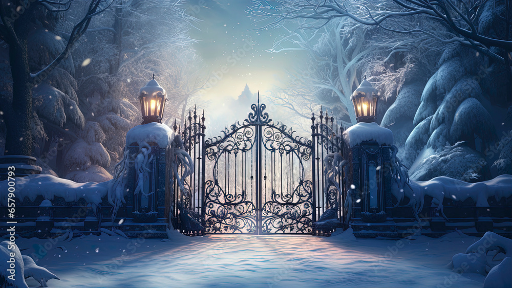Forged iron gates, winter landscape. Generation AI - obrazy, fototapety, plakaty 