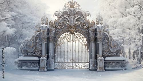 Forged iron gates, winter landscape. Generation AI