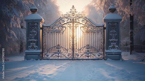 Forged iron gates, winter landscape. Generation AI