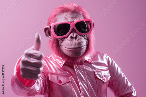 Pink Pop Monkey with Sunglasses and shiny jacket making thumb up © Karat