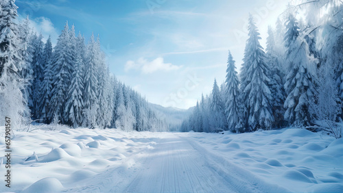 Winter road in a snowy forest. Generation AI © Terablete