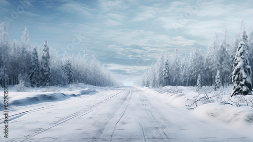 Winter road in a snowy forest. Generation AI