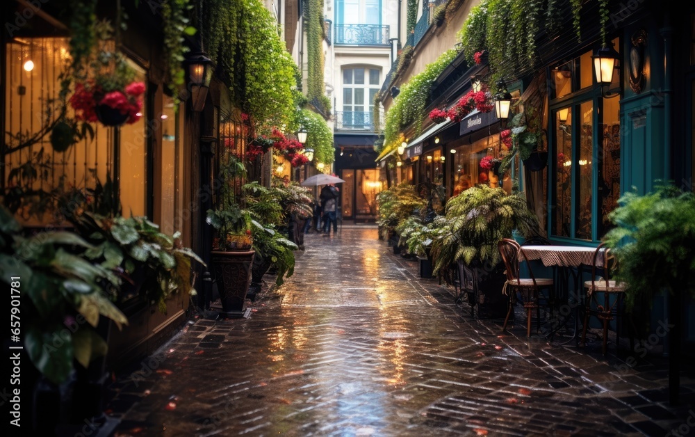 French style alley in Paris with plant-filled facades and wet stone road in the rain. Generative AI