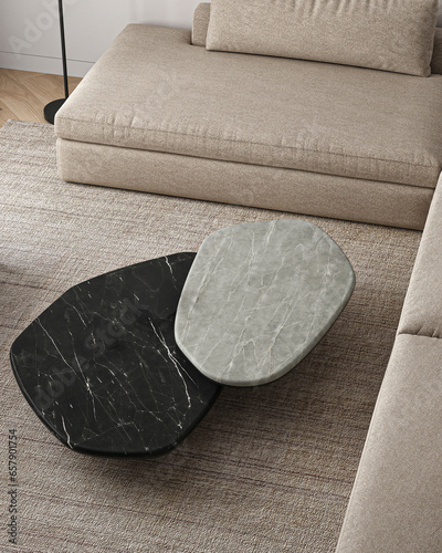Interior design close up with two round stone table and sofa background. 3d rendering. High quality 3d illustration