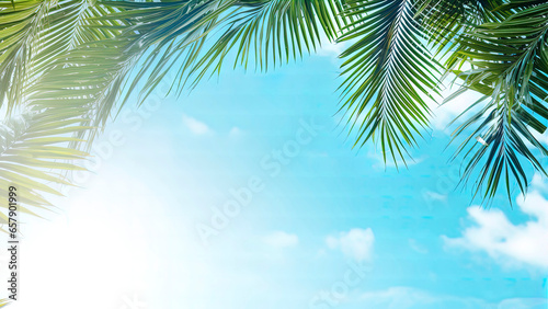 Palm leaves against the blue sky. Generation AI