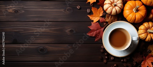 Top down view of Halloween themed coffee cup pumpkin and fall foliage arranged on a wooden table