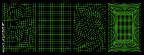 Distorted vertical green color neon grid set. Trendy retro 1980s, 90s style synthwave, rave, vaporwave. Futuristic geometric wireframe perspective mesh. 3d abstract cyberpunk poster isolated on black