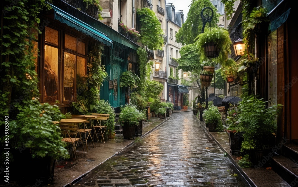 French style alley in Paris with plant-filled facades and wet stone road in the rain. Generative AI